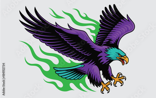 Dynamic purple and black eagle with outstretched wings flying forward amidst vibrant green flames