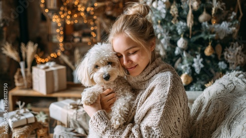 Cozy Christmas Moment with Woman and Dog by a Festive Tree