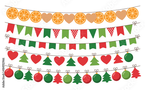 Festive holiday garlands featuring dried orange slices, hearts, colorful banners, and Christmas ornaments