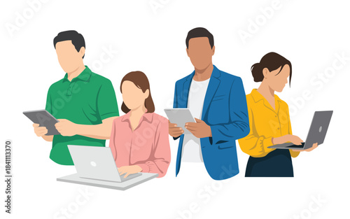 Four diverse people are engaged with technology, using laptops and tablets on a white background