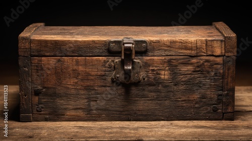 A vintage wooden toolbox closed neatly iron latch gleaming under spotlight Shadows emphasize grain patterns and craftsmanship Scene