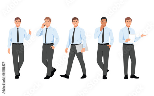 Group of five diverse businessmen in various poses demonstrating common office tasks and interactions