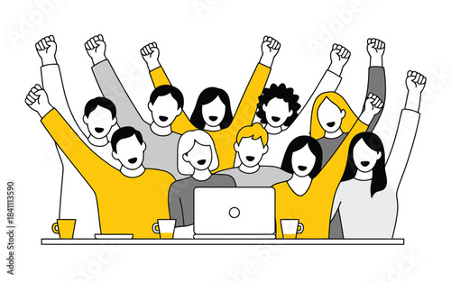 Large diverse group of successful business people celebrating victory with raised fists and a laptop