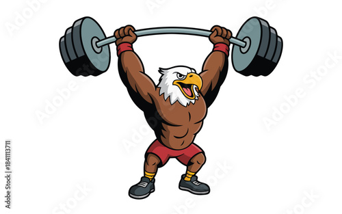 Muscular cartoon bald eagle weightlifter proudly holds a heavy barbell overhead during training