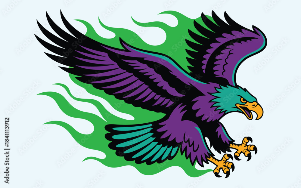 Obraz premium Powerful purple and black eagle with sharp talons flying in front of green fire shapes