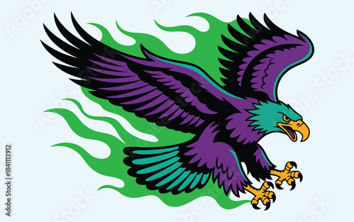 Powerful purple and black eagle with sharp talons flying in front of green fire shapes