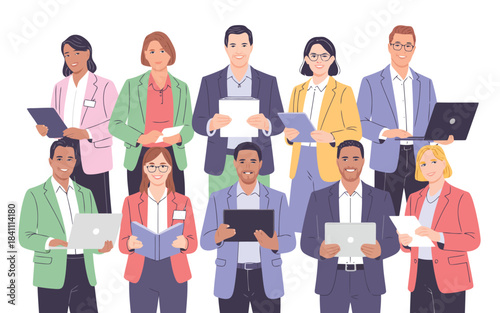 Ten smiling diverse business people standing together in professional attire holding various tech devices