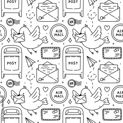 Seamless hand-drawn postal pattern with letters, envelopes, stamps, post boxes, doves, and paper planes. Vector doodle illustration. Perfect for print, wrapping paper. Cute mail delivery design.