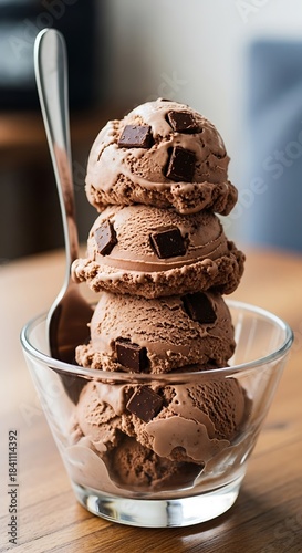 A delectable stack of rich, chocolate ice cream scoops, studded with dark chocolate chunks, is presented in a clear glass bowl.