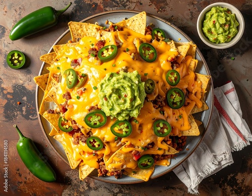 Large plate of nachos with cheese, jalape?os, and guacamole