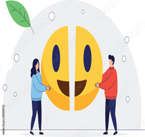 Man and Woman Joining Two Halves of Happy Emoji Vector Illustration for Teamwork Mental Health Support and Solving Problem Together.