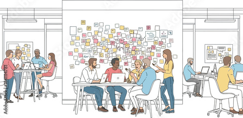 Diverse team collaborating intensely around a large wall covered in colorful sticky notes during a brainstorming session