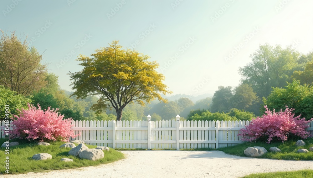 Obraz premium White picket fence borders lush green garden with blooming pink bushes and a large yellow tree. Soft sunlight illuminates a peaceful landscape background with rolling hills.