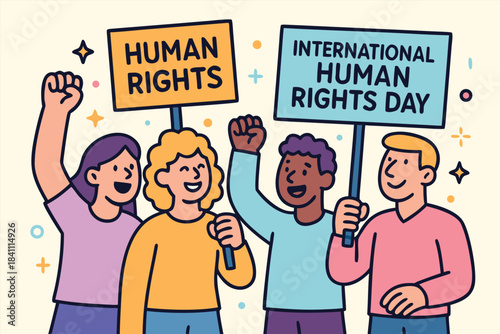 Human Rights Day concept art showing raised hands of different skin tones emerging from shadows into light, representing justice, freedom, and dignity, dramatic lighting, cinematic style