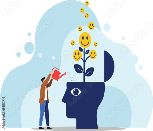 Man Watering Plant with Happy Emojis Growing Inside Head Silhouette Flat Vector for Mental Wellness Cultivating Happiness and Self Care.
