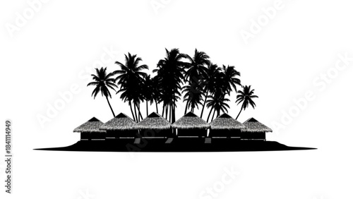 Tropical island silhouette with palm trees and huts