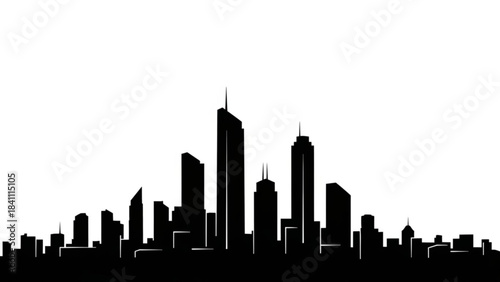Black silhouette of a modern city skyline against white