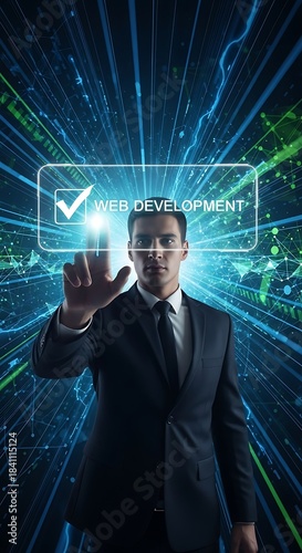 A businessman in a dark suit interacts with a digital interface highlighting web development.