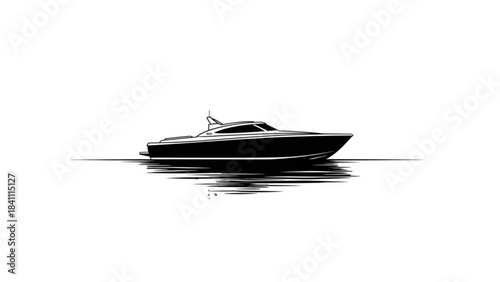 Black and white illustration of a speedboat on water
