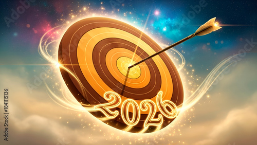This vibrant, New Year-themed design features a target with an arrow and the numbers 