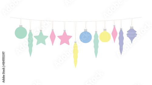 Festive ornaments: Delicate pastel-colored ornaments hang gracefully against a pristine backdrop, creating a sense of joy and anticipation for upcoming special days.