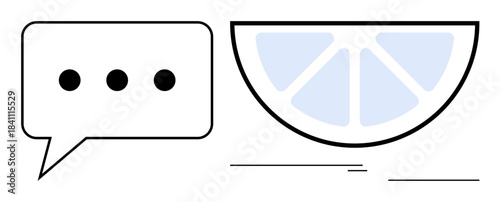 Speech bubble with three dots beside a lemon slice with segments. Ideal for creativity, communication, freshness, ideas, dialogue, citrus, balance. Minimalist design with a simple flat metaphor