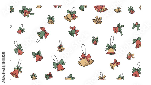 Festive Bells in the Air: A charming pattern of colorful bells adorns a clean, simple space, evoking feelings of joy and anticipation. Each bell, adorned with ribbons.