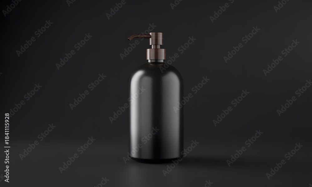 Obraz premium Glossy black lotion pump bottle with gold dispenser on a dark background.