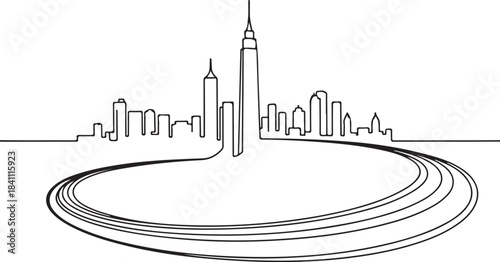 Continuous Line Art Skyline Drawn in Giant Curve Sweep in Minimal Contour Outline Style