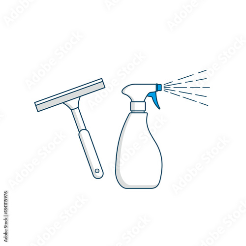 Cleaning Essentials: A simple, clean illustration of a window cleaner with a squeegee alongside a spray bottle, representing the tools needed for household and surface care.