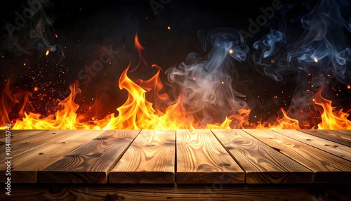 Burning flames smoke wooden table, dramatic fire background, warm orange glow, rustic planks, intense heat, danger, grilling, barbecue, cooking concept.