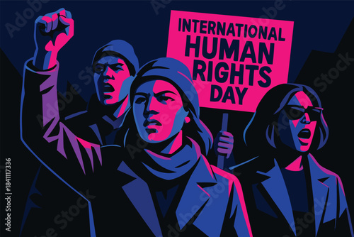 Human Rights Day concept art showing raised hands of different skin tones emerging from shadows into light, representing justice, freedom, and dignity, dramatic lighting, cinematic style