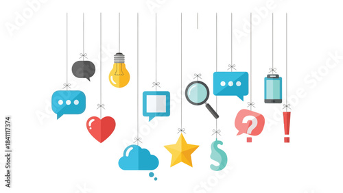 Digital Communication: A vibrant composition of suspended icons, each a symbol of digital communication and connectivity, suggesting innovation and dialogue.