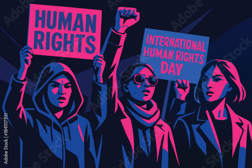 Human Rights Day concept art showing raised hands of different skin tones emerging from shadows into light, representing justice, freedom, and dignity, dramatic lighting, cinematic style