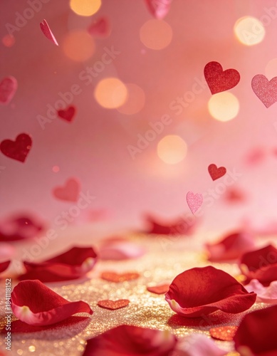Romantic Love Background with Falling Hearts and Rose Petals