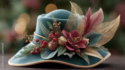 Elegant Christmas Hat Adorned with Winter Berries and Gold Feathers