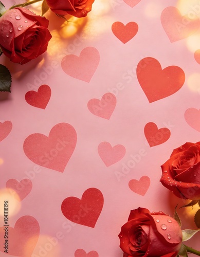 Romantic Pink Background with Red Roses and Hearts