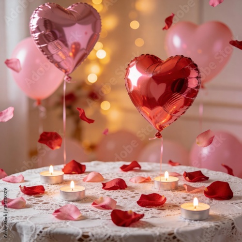 Romantic Table Setting with Heart Balloons and Candles