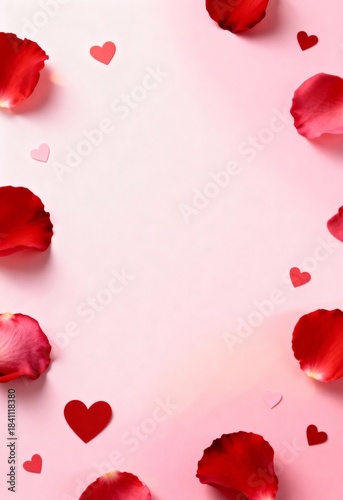 Romantic Frame with Rose Petals and Hearts
