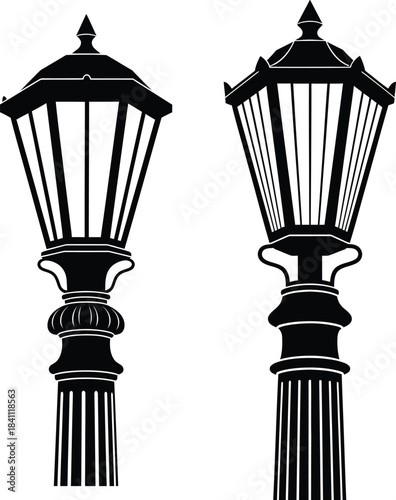 Two vintage style street lamps in black and white silhouette classic urban lighting fixtures for parks and city streets detailed vector illustration