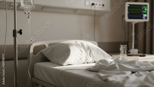 Empty hospital bed with white crumpled sheets and an IV drip, sterile medical environment, ready for a patient.