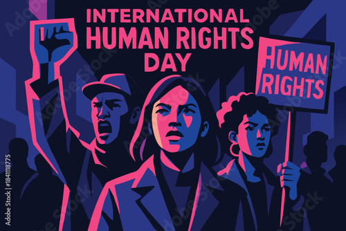 Human Rights Day concept art showing raised hands of different skin tones emerging from shadows into light, representing justice, freedom, and dignity, dramatic lighting, cinematic style