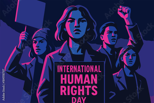 Human Rights Day concept art showing raised hands of different skin tones emerging from shadows into light, representing justice, freedom, and dignity, dramatic lighting, cinematic style