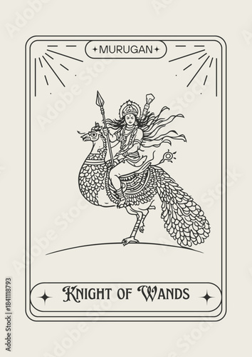 Hindu God Murugan riding peacock tarot card vector illustration