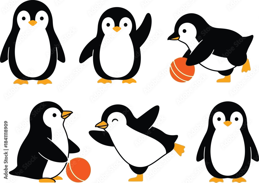 Fototapeta premium Collection of adorable cartoon penguins playing basketball in various poses on a clean white background perfect for children s illustrations