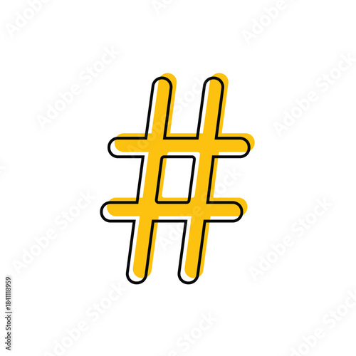 Yellow hashtag flat design icon. hashtag symbol line art. concept social media marketing. comic outline style. vector illustration