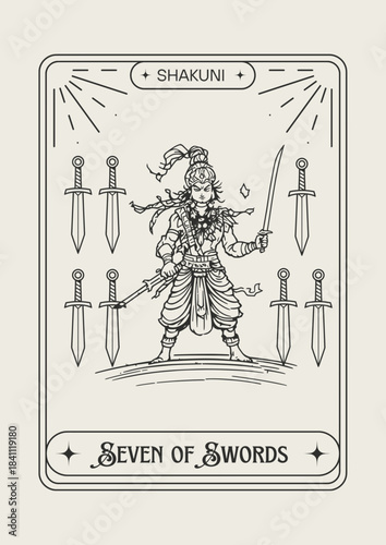 Seven of Swords Tarot card line art vector illustration