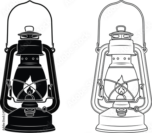 Vintage lanterns in black and white line art style a pair of retro oil lamps with detailed illustration and classic design elements