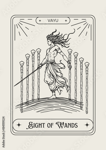 Tarot Eight of Wands Vayu card spiritual vector illustration