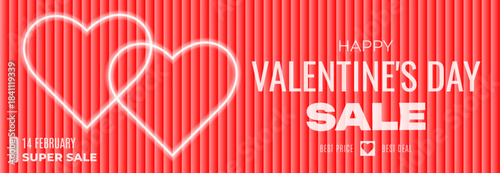 Valentines day Sale Banners with neon hearts and text on red gradient striped background. Vector Templates.